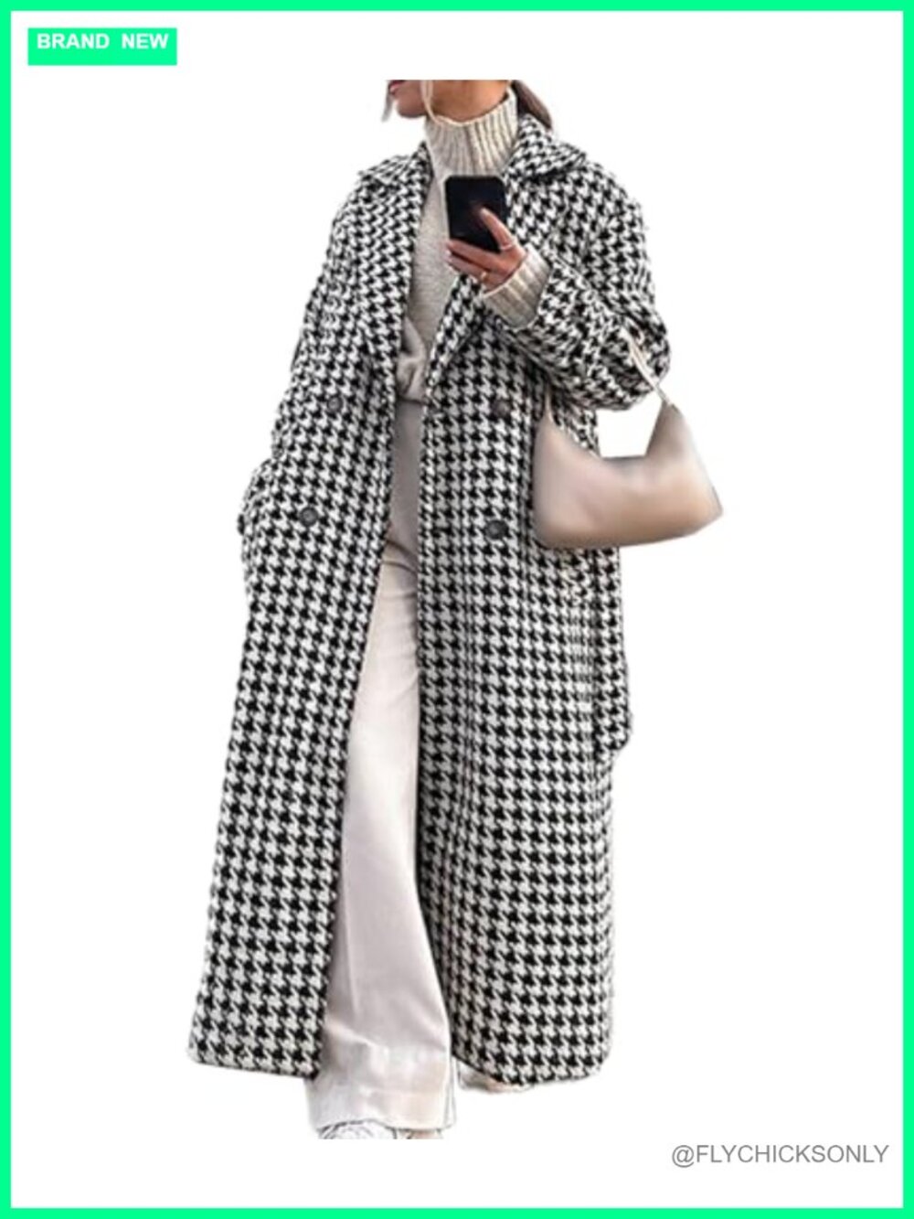 Women's Houndstooth Double Breasted Wool Blend Trench Coat with Belt